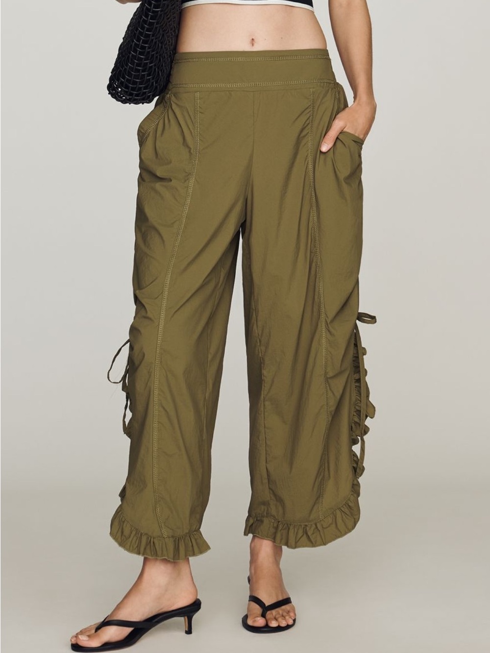 Anthropologie Women's Olive Wide-Leg Ruffle Hem Pants with Side Tie Detail